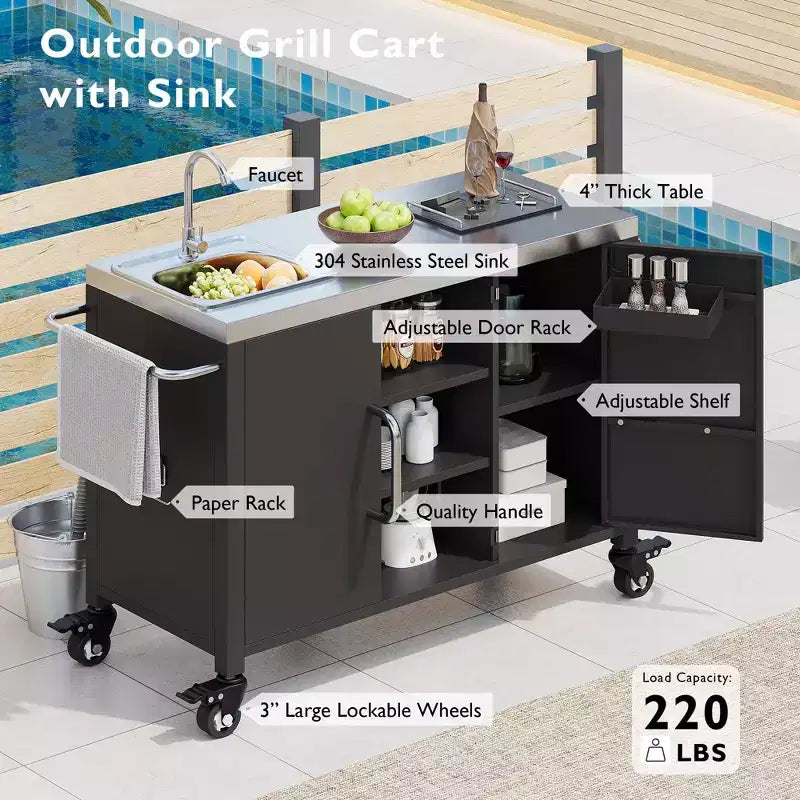 55.5 Outdoor Kitchen Island with Sink, Stainless Steel Prep Table with Spice Rack & Lockable Wheels, BBQ Grill Cart Station, Black - ModernLuxe