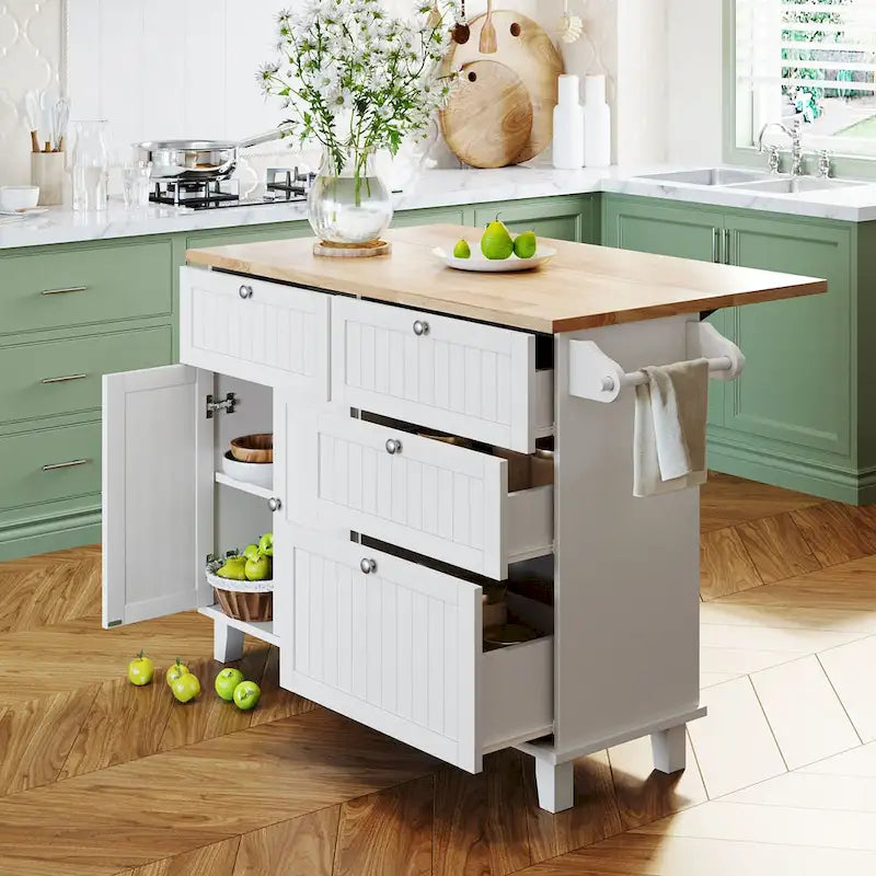 TOPMAX Kitchen Island Set with Drop Leaf and 2 Seatings, Dining Table Set with Adjustable Shelf, Drawers and Towel Rack