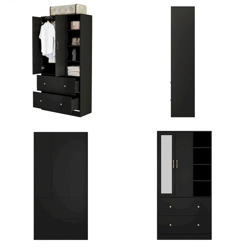 Wardrobe Clo Armoire wi/Mirror & Scalable Hanging Rod Space Saving