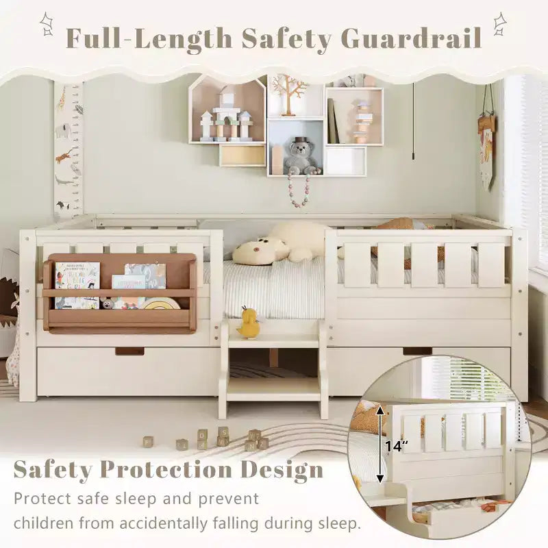 Bellemave Queen Size Toddler Bed with 14 Safety Guardrails, Space-saving Bed Frame with Built-in Bookshelves & 2 Under-Bed Storage Drawers