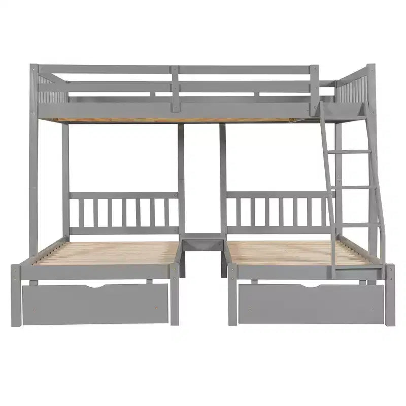 Full Over Twin & Twin Bunk Bed for 3, Wooden Triple Bunk Bed with 2 Storage Drawers, can be Divided into 3 Separate Beds