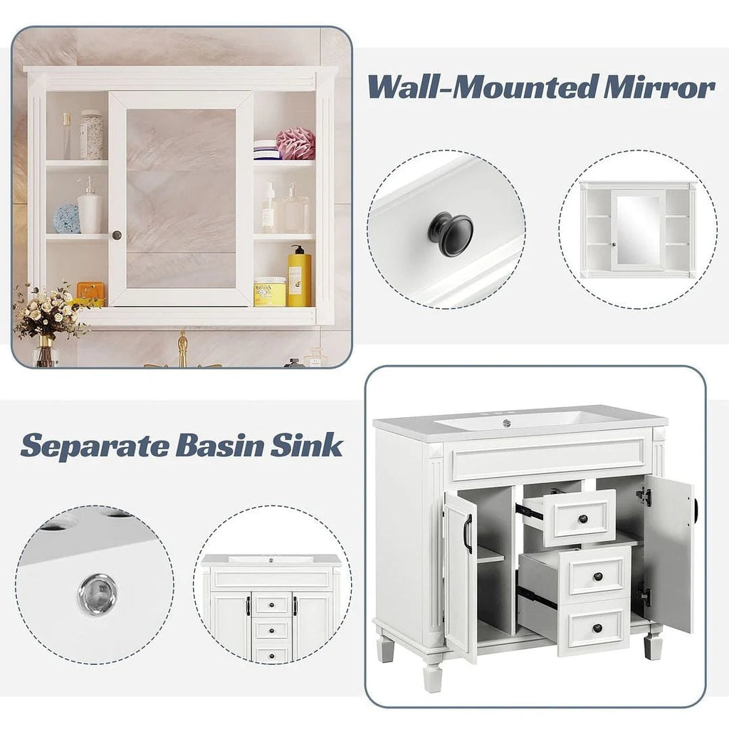 36 Modern Bathroom Vanity with Top Sink and Mirror Cabinet,2 Doors and 2 Drawers