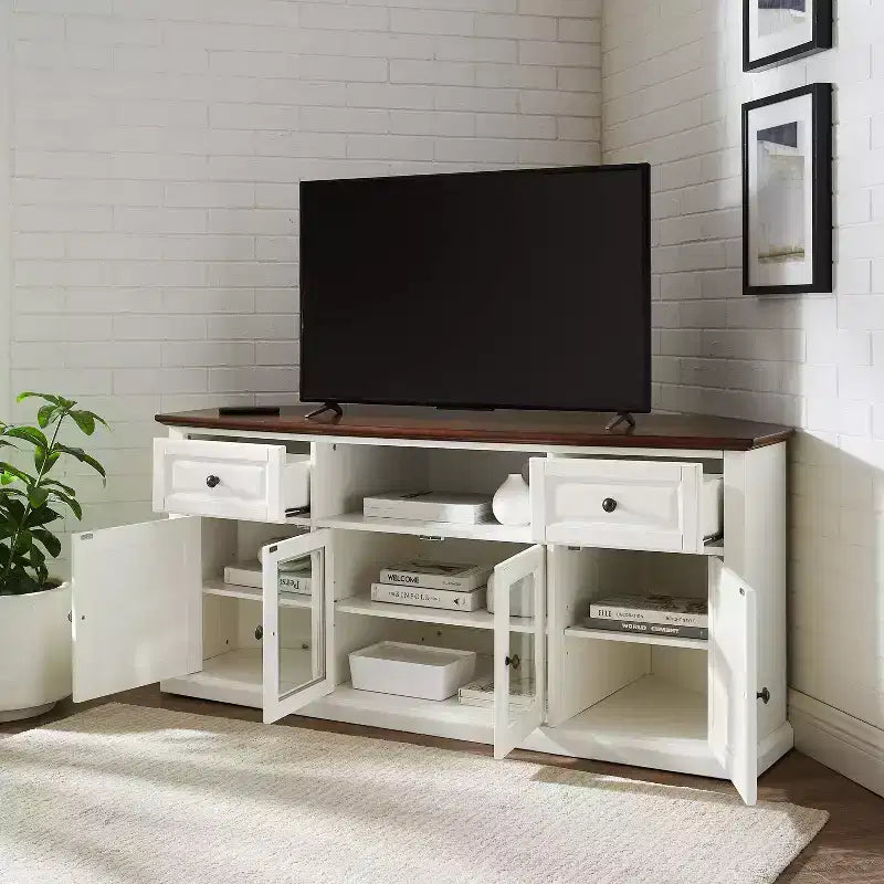 White Corner TV Stand for TVs up to 65, Beveled Glass Doors, 1-Person Assembly