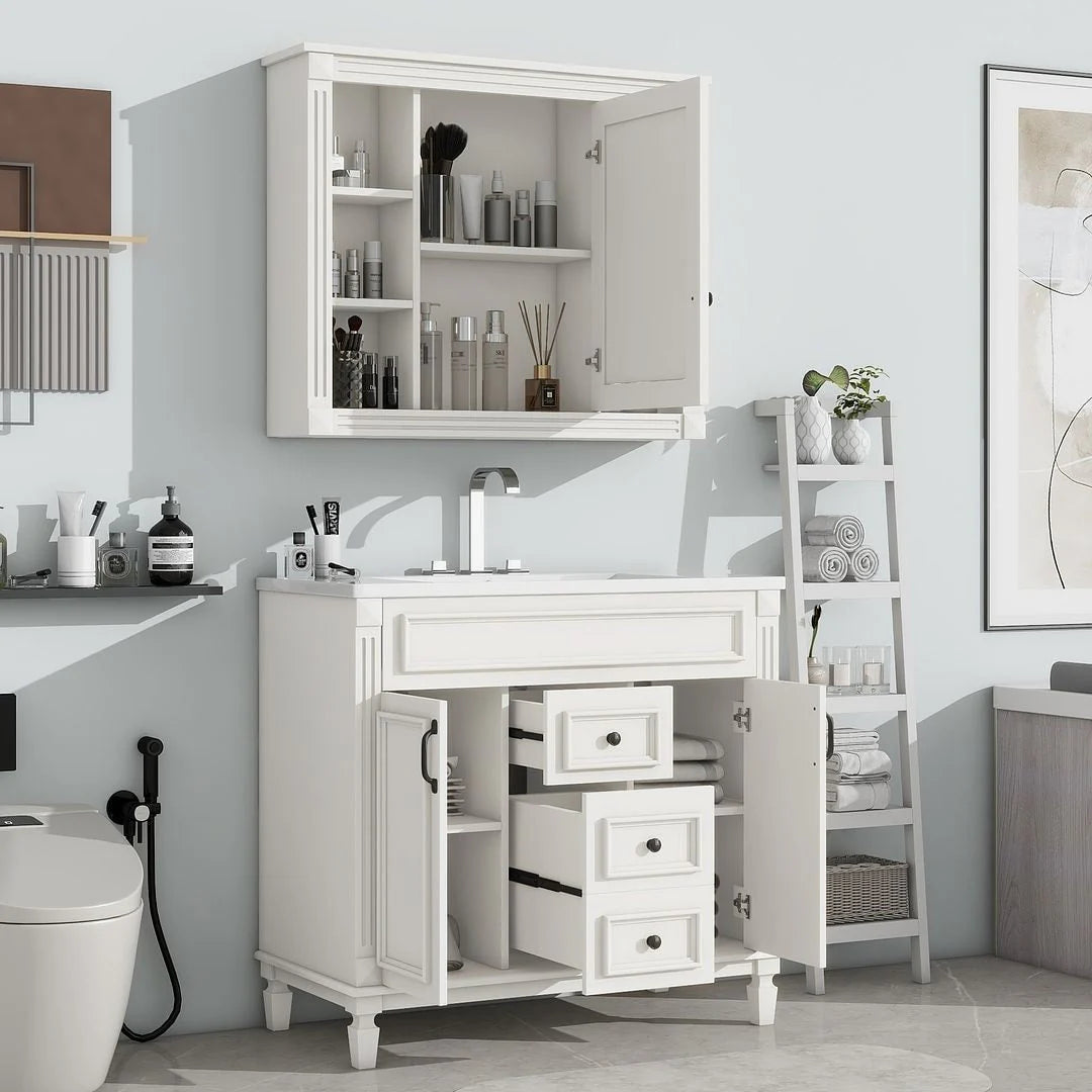 36 Modern Bathroom Vanity with Top Sink and Mirror Cabinet,2 Doors and 2 Drawers