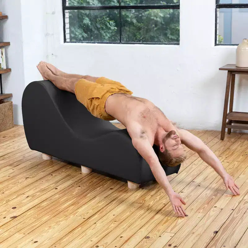 Avana Chaise Lounge Chair for Stretching and Relaxation, Hevea Wood Feet, Faux Leather - Submarine Grey