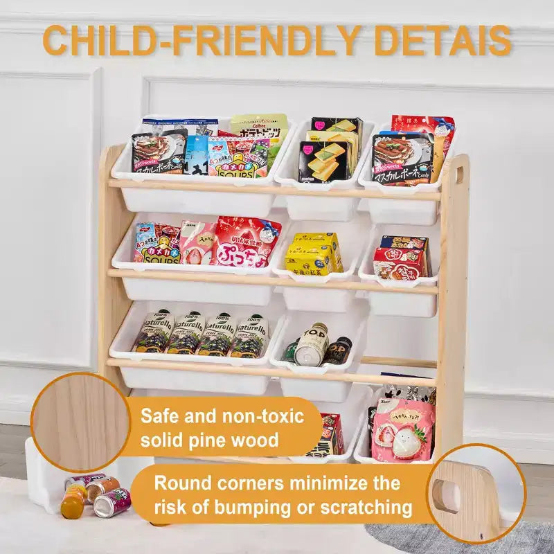 VECELO Kids Bookshelf Toy Storage with 12 Bins, Wooden Toy Rack for Toddlers, Large-Capacity Playroom Storage for Books or Toys