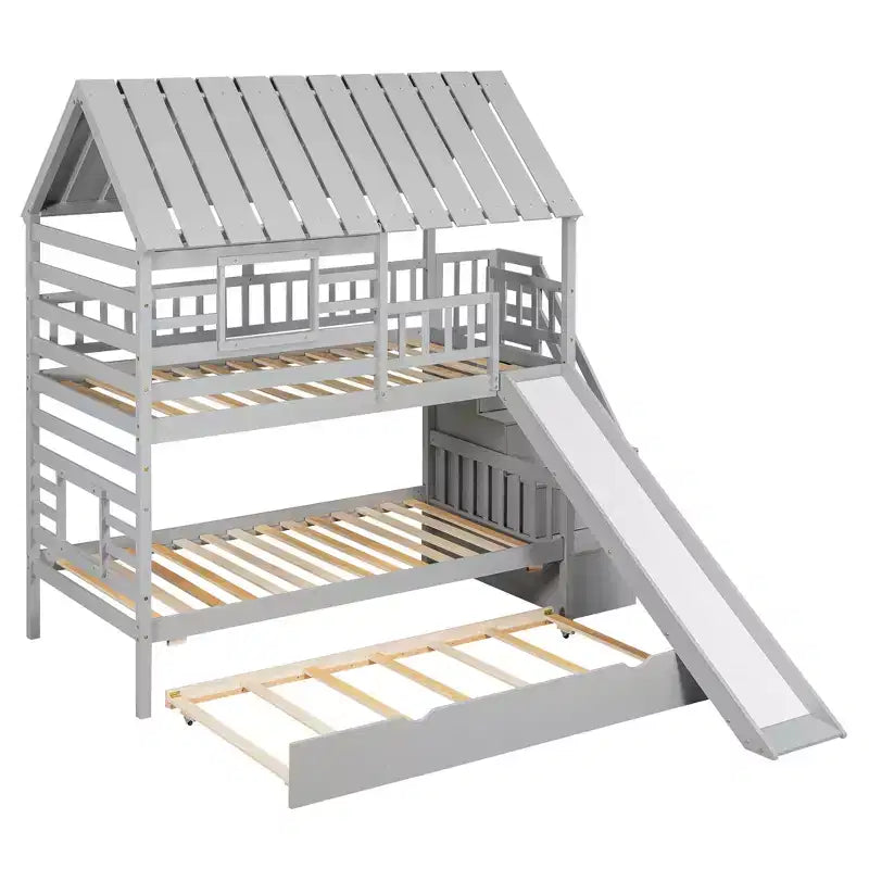 Whisen Twin over Twin House Bunk Bed with Trundle and Slide, Storage Staircase, Roof and Window Design