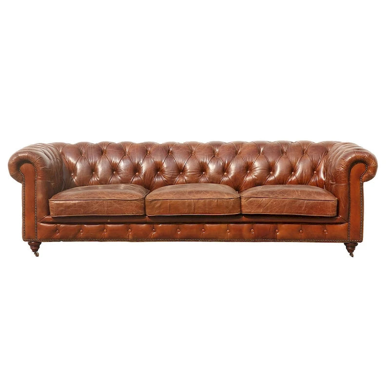 Pasargad Home Paris Club Chesterfield Tufted Sofa, Brown - 28.7 H x 97.2 W x 39 D