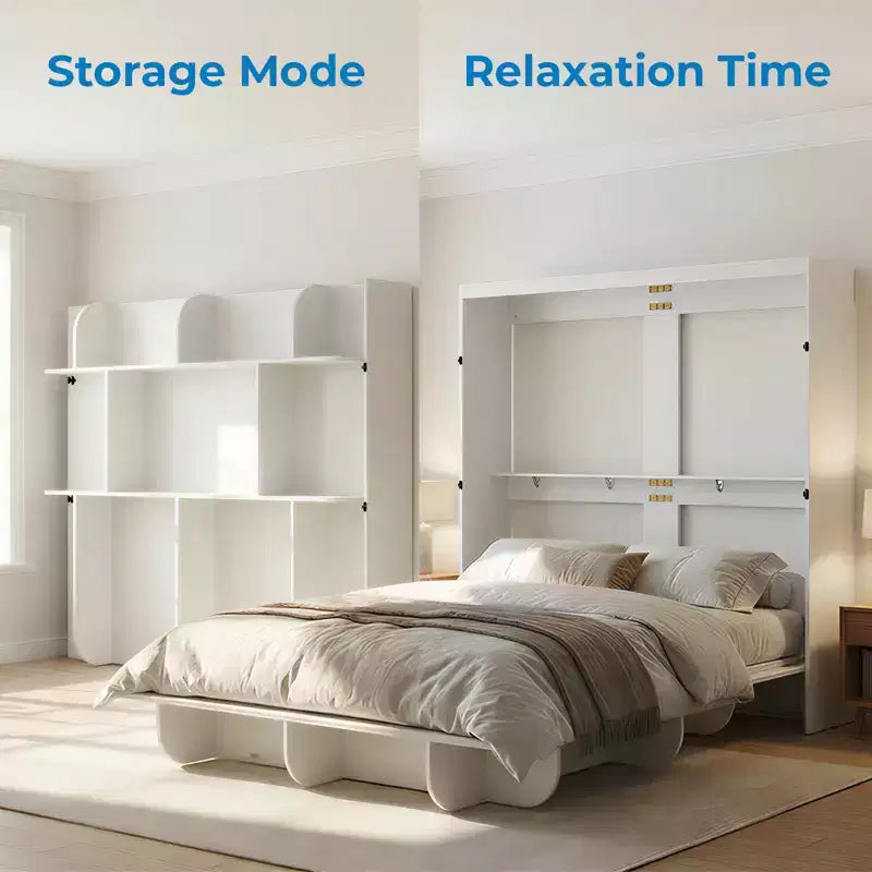 2-in-1 Invisible Murphy Bed with Shelf Storage, Queen Size, Natural Wood (Mattress Not Included)