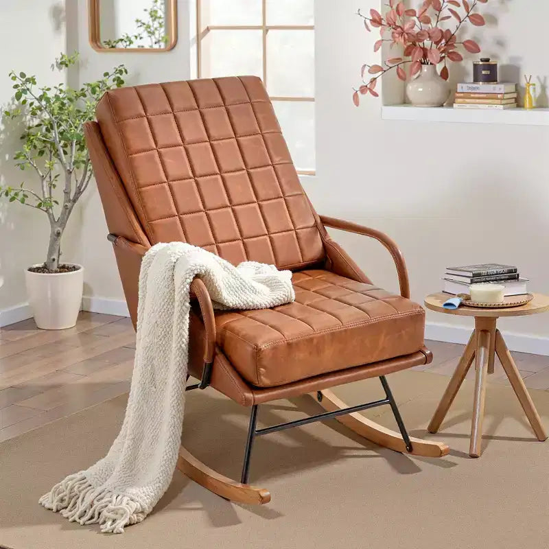 VECELO Upholstered Faux Leather/Teddy Fabric Rocking Chair Modern Lounge Rocker Recliner with Padded Seat, Safe Solid Wood Base White/Brown