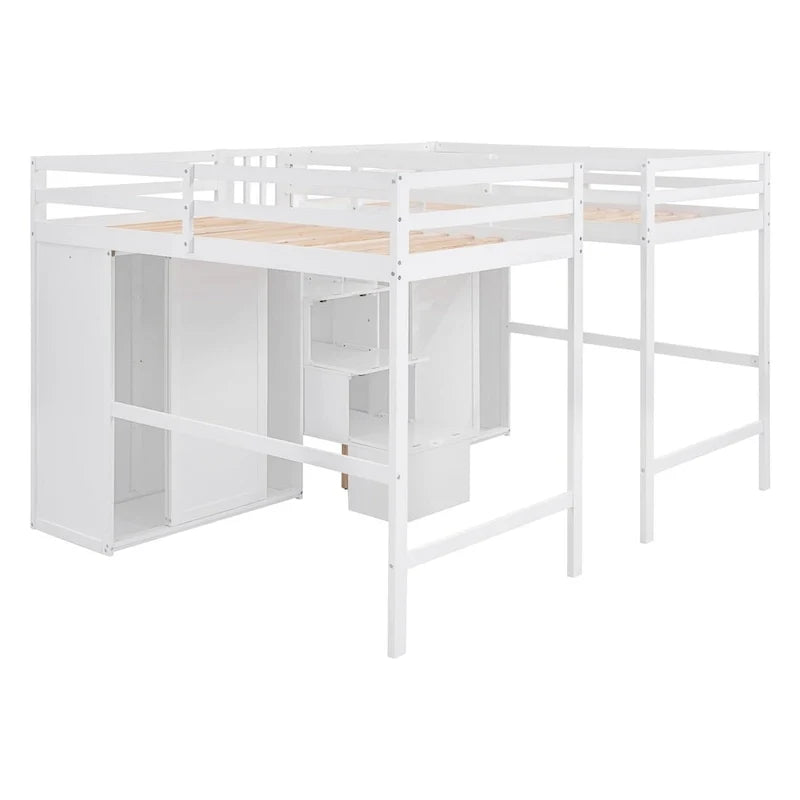 Double Twin Loft Beds with Wardrobes and Staircase