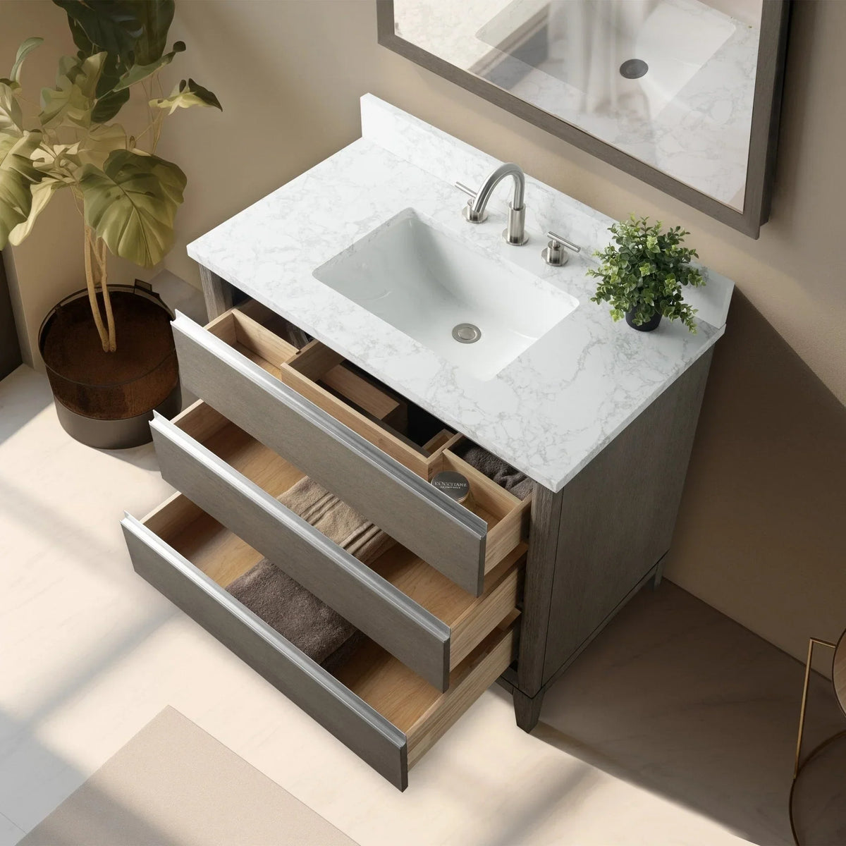 Vanity Art Bathroom Vanity with Ceramic Sink and Engineered Marble Top