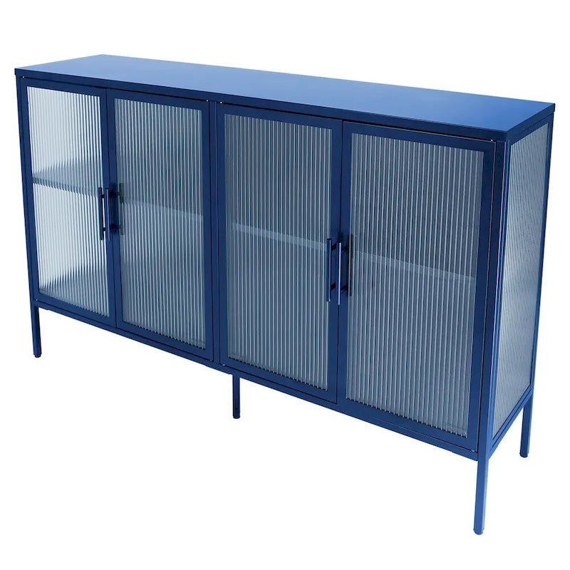 Stylish 4-Door Tempered Glass Cabinet, 4 Glass Doors Adjustable Shelf