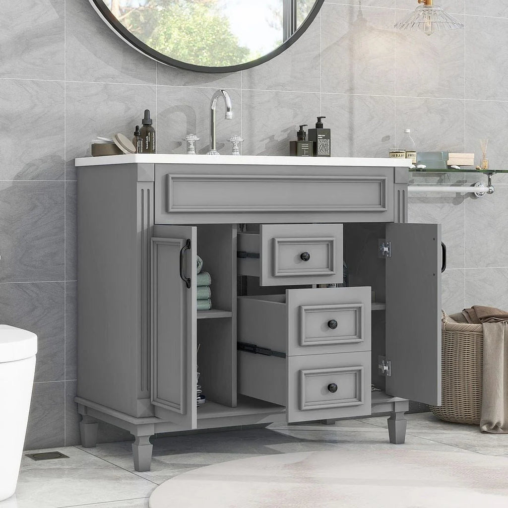 36 Modern Bathroom Vanity with Top Sink and Mirror Cabinet,2 Doors and 2 Drawers