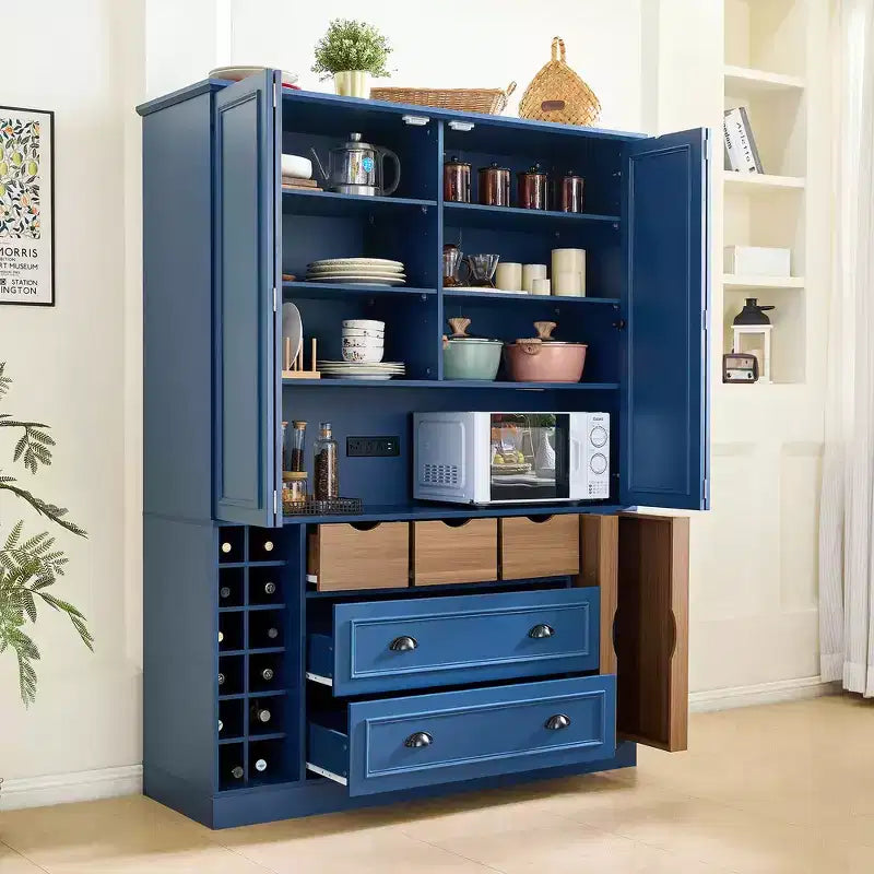 Whisen 71 Tall Freestanding Kitchen Pantry, Large Dining Storage Cabinet Cupboard Sideboards With 4 Foldable Doors, Shelves, Wine Racks