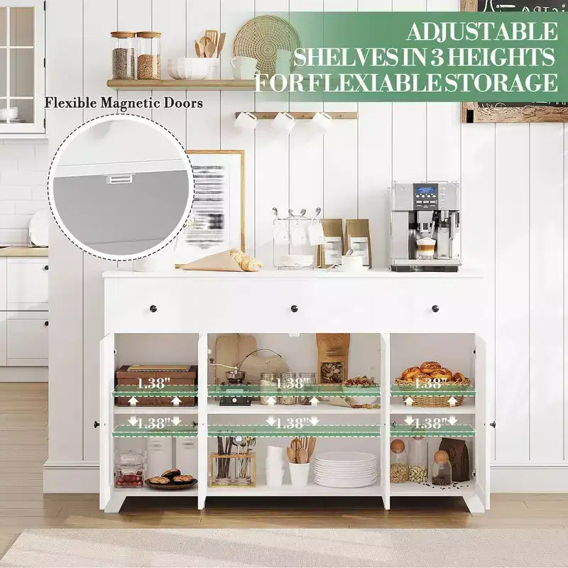 55 Sideboard Buffet Cabinet with 3 Drawers & 4 Doors, Adjustable Shelf Kitchen Storage Console for Dining Room Living Room