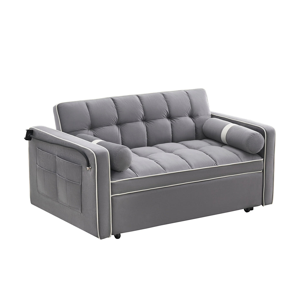 Velvet Convertible 55 2-Seater Sleeper Sofa with Pull-Out Bed, Adjustable Recline, Side Pockets, and Phone Holder
