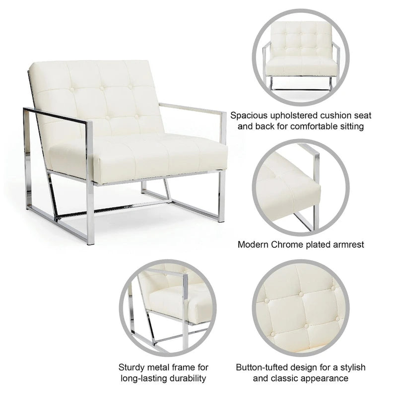 Glitzhome 30.50H Cream Mid-Century PU Leather Tufted Accent Chair with Chrome Plated Frame