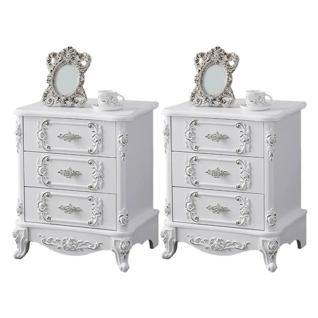 Traditional White Wood Carved 3-Drawer Nightstand