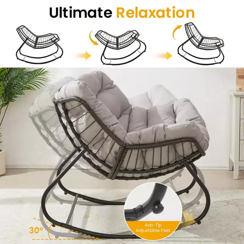 Heynemo Patio Rocking Chair with Ottoman, Outdoor Indoor Rocking Egg Chair with Cushions, Metal Lounge Chair Oversized Papasan Chair, Reading Chair