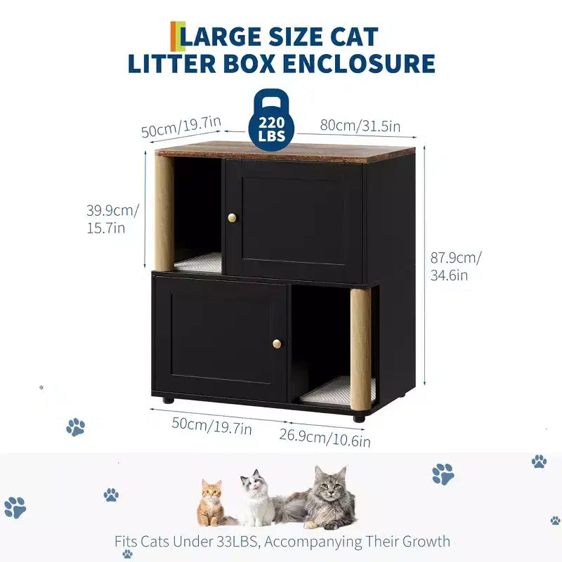 Litter Box Enclosure with Double Room, Hidden Enclosed Litterbox Furniture with Scratch Posts and Double-Layer Litter Mats Indoor Pet House