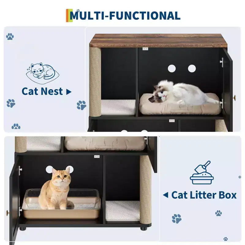 Litter Box Enclosure with Double Room, Hidden Enclosed Litterbox Furniture with Scratch Posts and Double-Layer Litter Mats Indoor Pet House