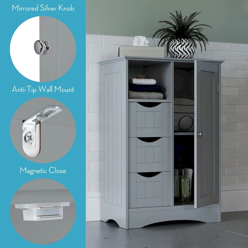 RiverRidge Ashland Single Door Bathroom and Laundry Storage Cabinet with 3 Drawers, Open and Adjustable Shelf