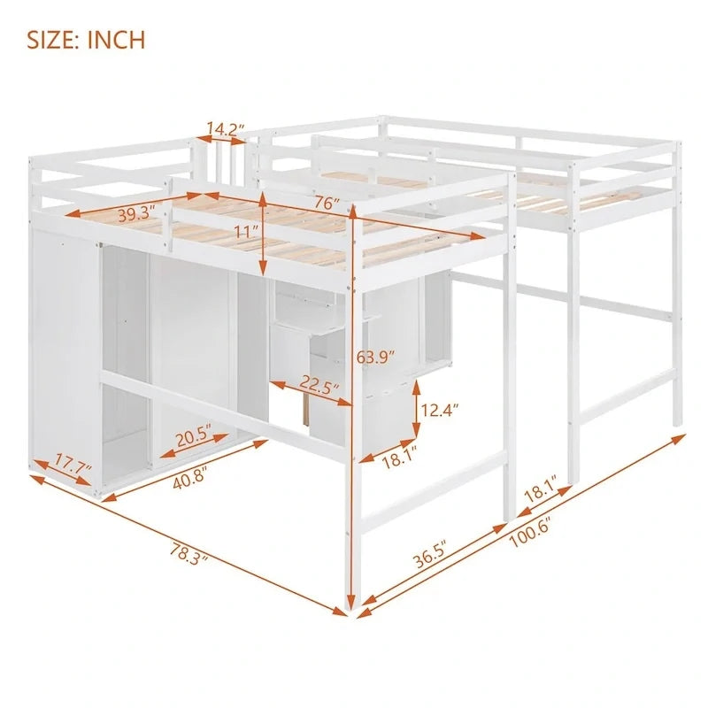 Double Twin Loft Beds with Wardrobes and Staircase