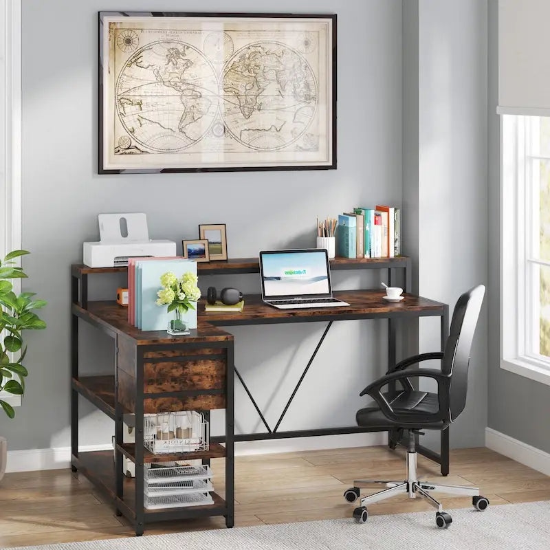 L Shaped Desk with Drawer, Home Office Corner Desk with Storage Shelves and Monitor Stand, Rustic PC Desk for Small Space