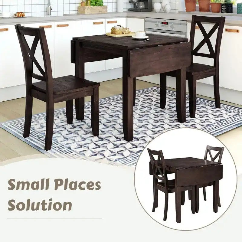 3-Piece Wood Drop Leaf Breakfast Nook Dining Table Set with 2 X-back Chairs for Small Places