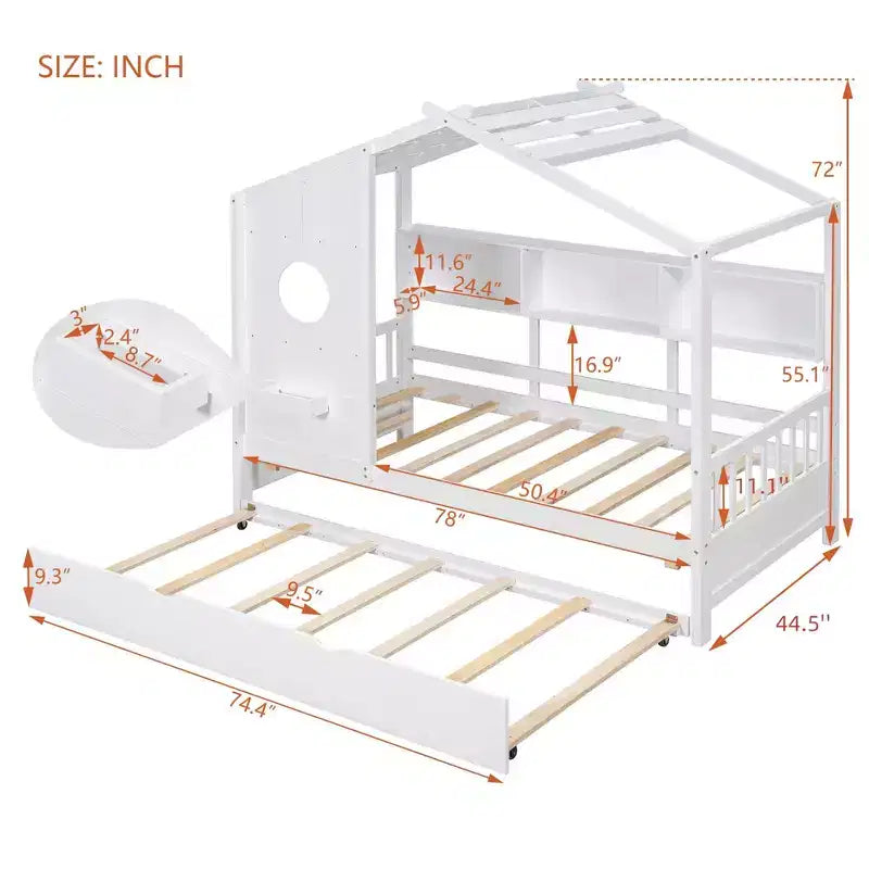 Twin Size House Bed with Trundle and Storage Shelf for Kids, White