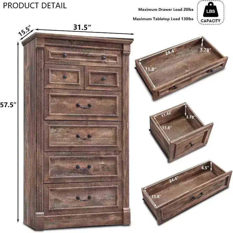 Mastgoal 57 Farmhouse Dresser with 7 Drawers, Rustic Wood Closet Storage with Roman Column for Bedroom