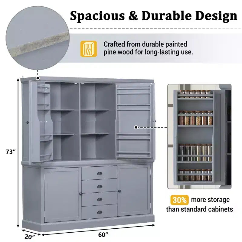Whisen 73 Freestanding Wooden Kitchen Pantry Cabinet with Drawers and Adjustable Shelves for Storage and Organization in Dining Room or Kitchen
