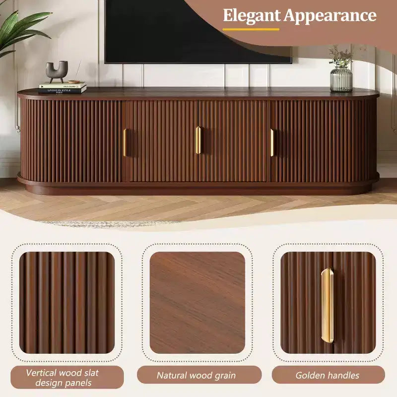 GDFStudio Roy Farmhouse Wooden TV Stand with Sliding Tambour Door and Adjustable Storage