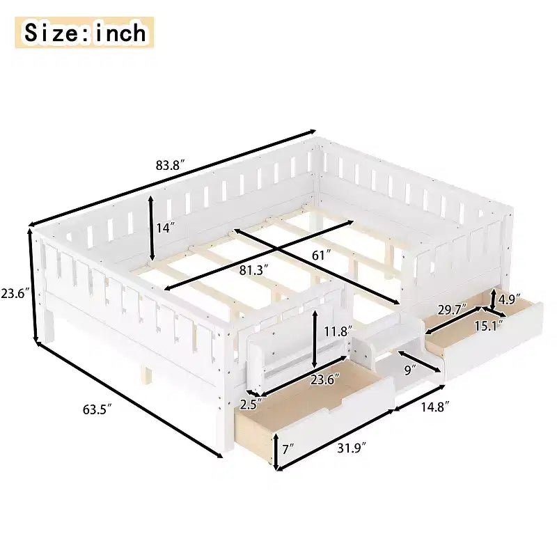 Bellemave Queen Size Toddler Bed with 14 Safety Guardrails, Space-saving Bed Frame with Built-in Bookshelves & 2 Under-Bed Storage Drawers
