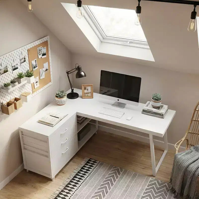 Reversible L-Shaped Desk with 3 Drawers & Open Shelves - Rustic Home Office