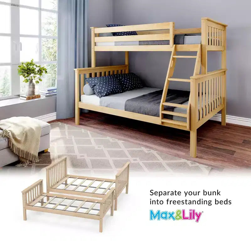 Max & Lily Bunk Bed Twin over Full Size, Solid Wood Bunk Beds with Ladder for Kids