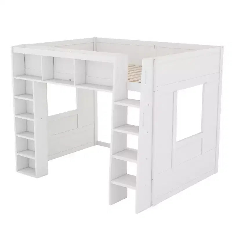 Whisen Queen Size Wooden Loft Bed Frame with Storage Cabinets and Shelves