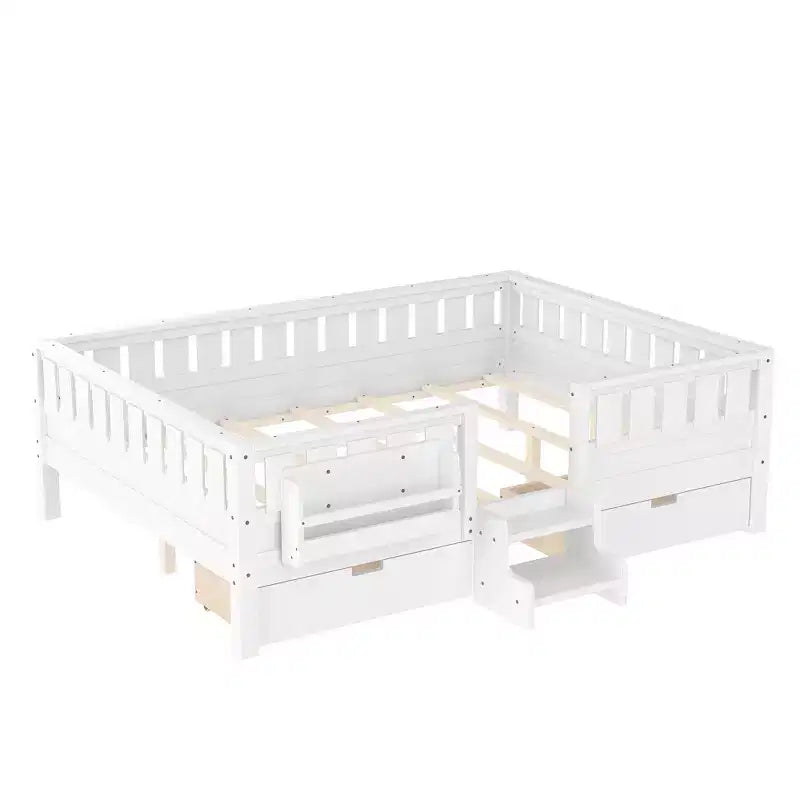 Bellemave Queen Size Toddler Bed with 14 Safety Guardrails, Space-saving Bed Frame with Built-in Bookshelves & 2 Under-Bed Storage Drawers