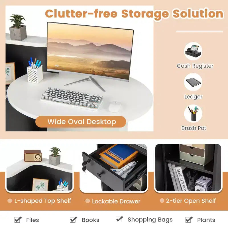 Costway Front Reception Counter Desk Checkout Office Desk with Open Shelf & Lockable Drawer White/Brown/Black