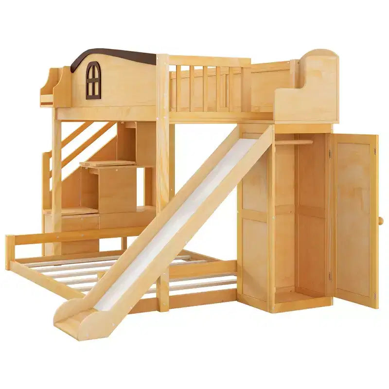 Twin over Full Bunk Bed with Slide, Shelves, Storage Staircase and Wardrobe for Kids Room