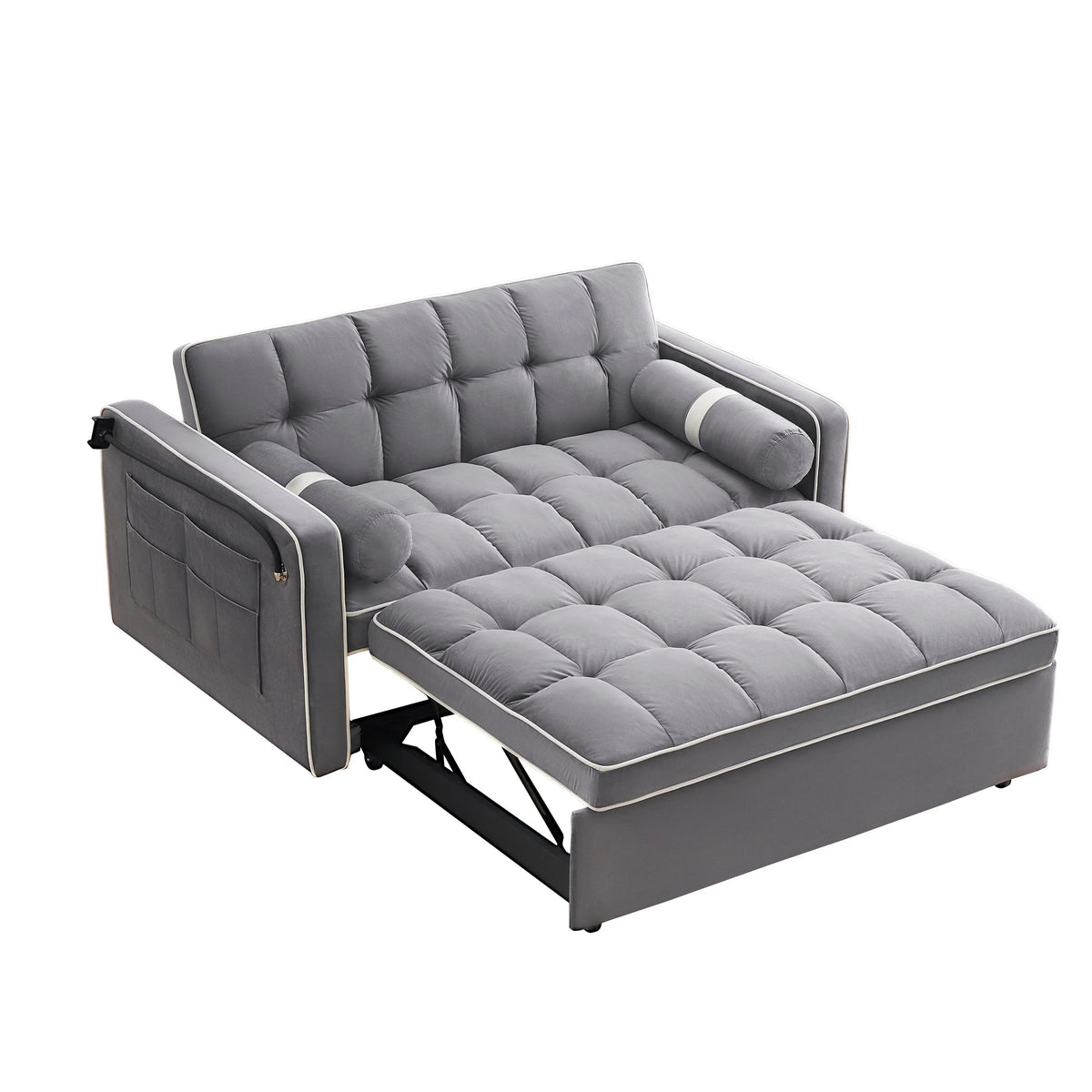 Velvet Convertible 55 2-Seater Sleeper Sofa with Pull-Out Bed, Adjustable Recline, Side Pockets, and Phone Holder