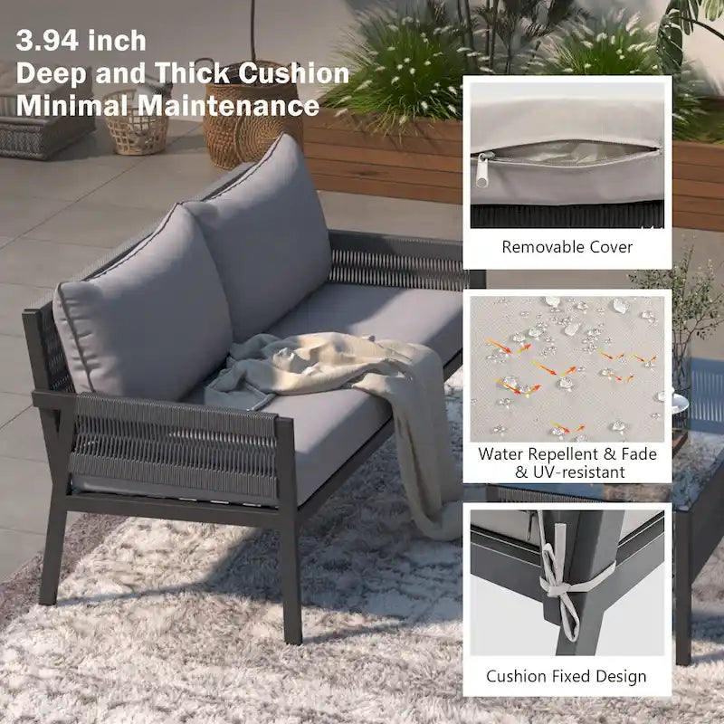 4-Piece Patio Furniture Set, Outdoor Garden Conversation Set with Tempered Glass Table, Deep Seating and Thick Cushion