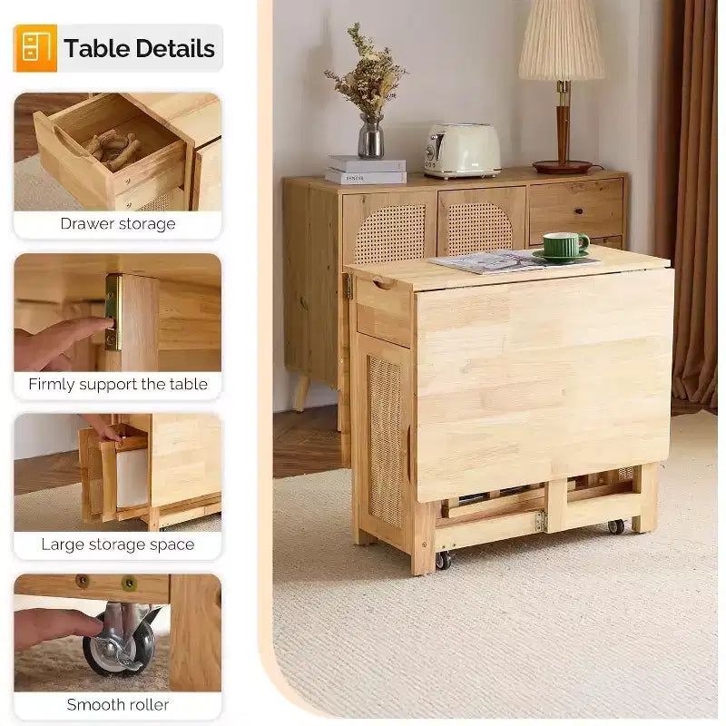 VINGLI Folding Dining Table Set, Extendable Drop Leaf Solid Wood Table with 4 Chairs,rawers & Wheels, Space-Saving for Kitchen