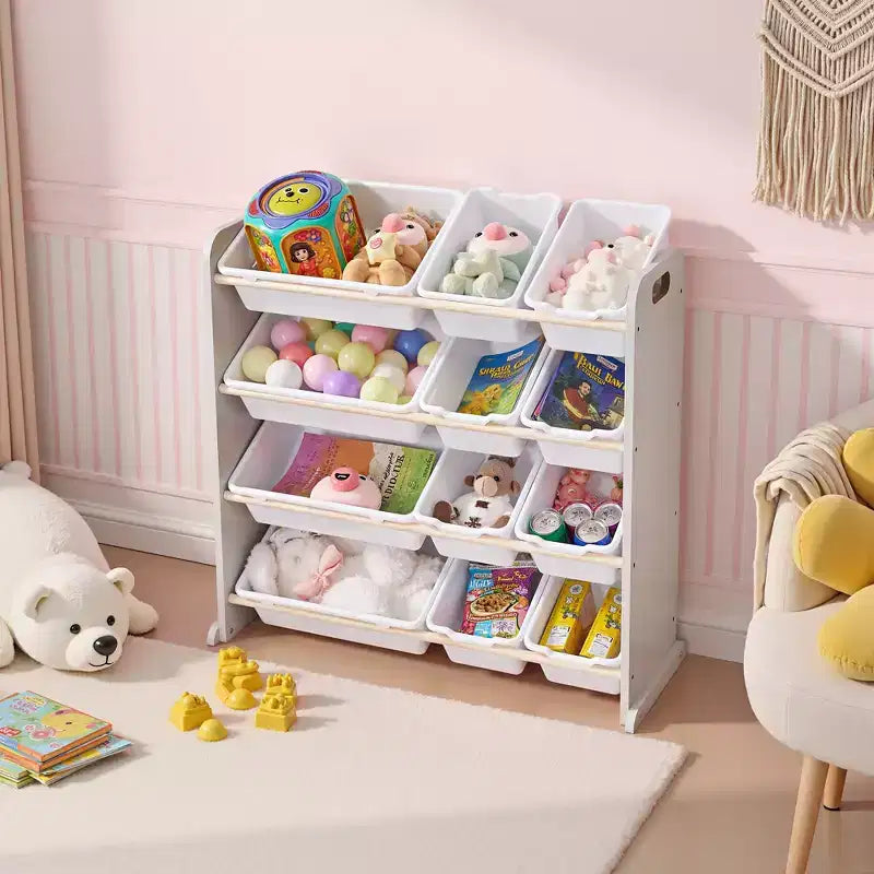 VECELO Kids Bookshelf Toy Storage with 12 Bins, Wooden Toy Rack for Toddlers, Large-Capacity Playroom Storage for Books or Toys