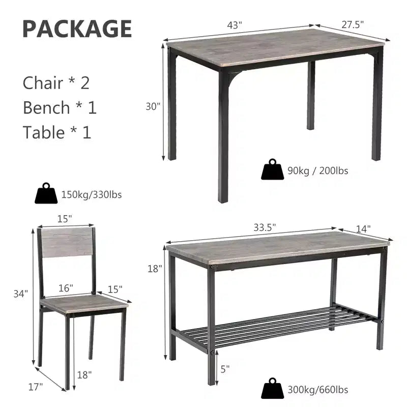 Costway 4pcs Dining Table Set Rustic Desk 2 Chairs & Bench w/ Storage Rack