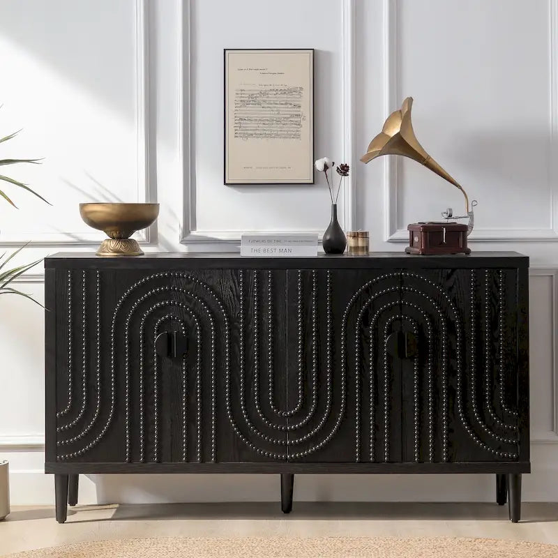 Meuble de rangement en bois à 4 portes, Buffet moderne noir, Meuble sur pied, Buffets en bois