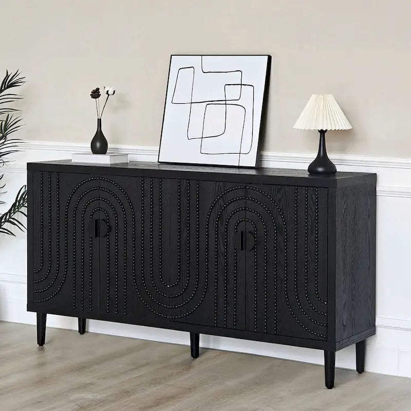 Meuble de rangement en bois à 4 portes, Buffet moderne noir, Meuble sur pied, Buffets en bois