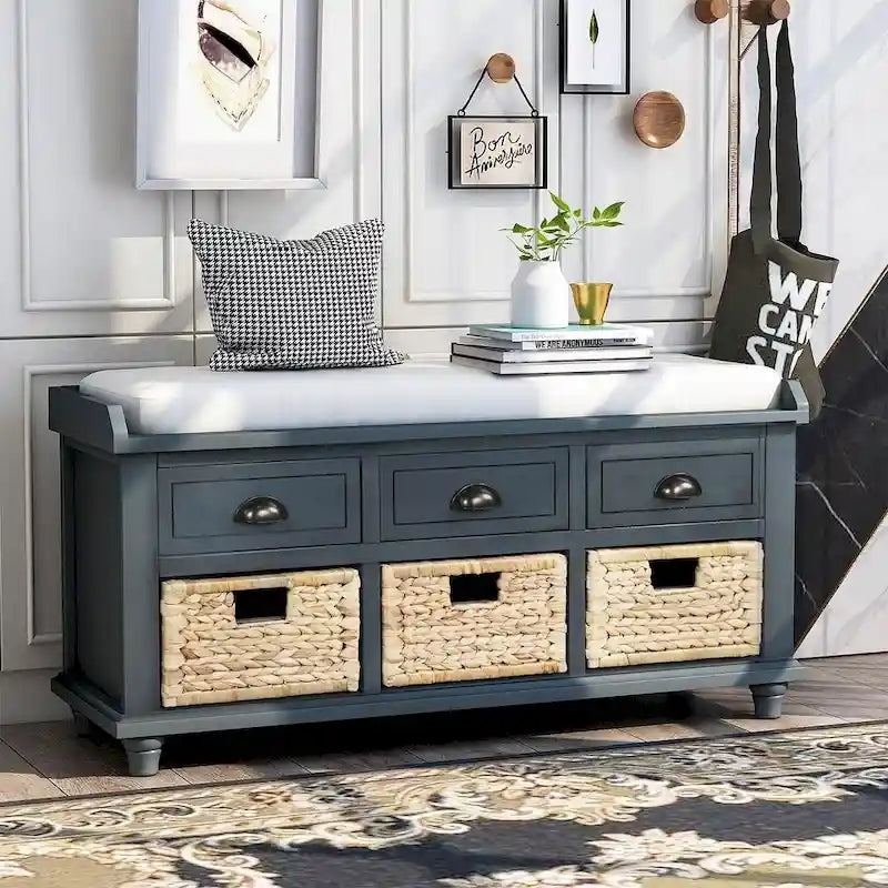 Banc de rangement capitonné polyvalent de 106,9 cm pour entrée, avec 3 tiroirs et 3 paniers en rotin