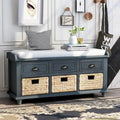 Banc de rangement capitonné polyvalent de 106,9 cm pour entrée, avec 3 tiroirs et 3 paniers en rotin